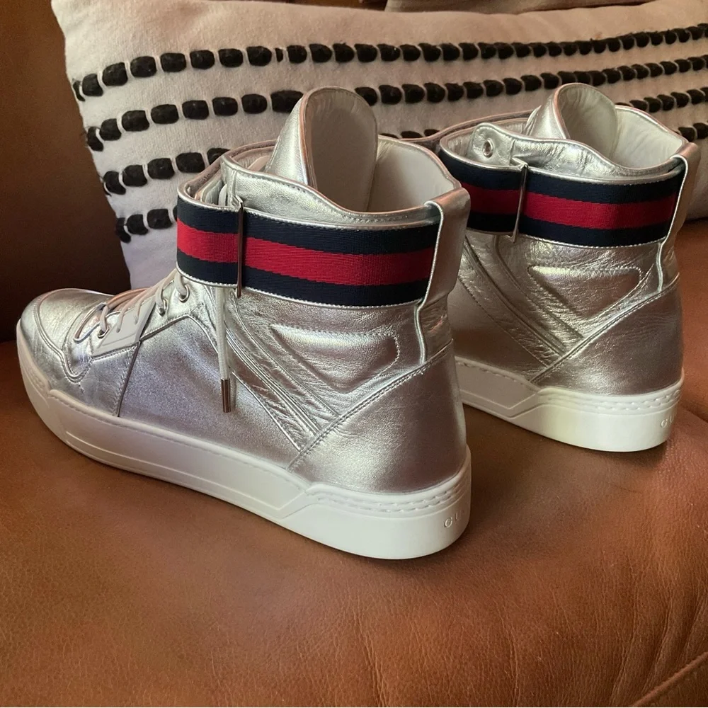 Gucci Argento Metallic Silver High Top Leather Trainers Size 14